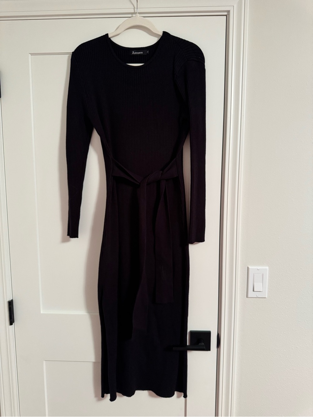 Black Ribbed Long Sleeve Belted Dress